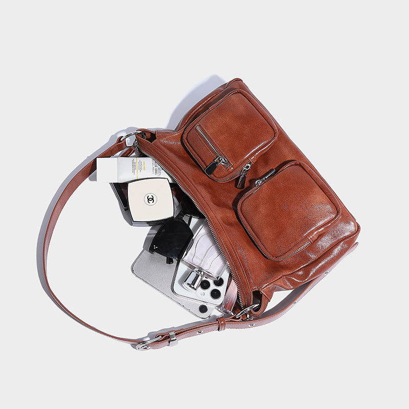 Retro Street Style Lady Shoulder Handbag with front zipper pockets