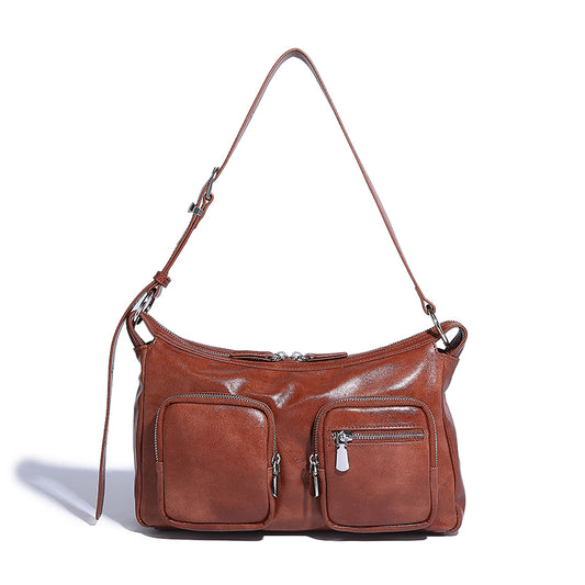 Retro Street Style Lady Shoulder Handbag with front zipper pockets