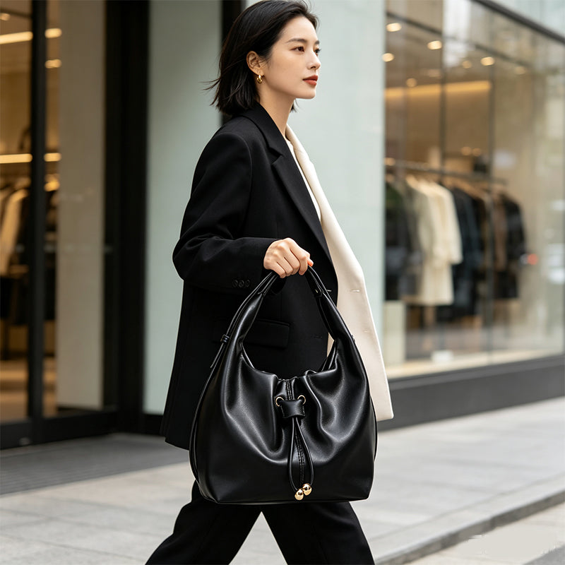 Black Drawstring Ruched Hobo Bag