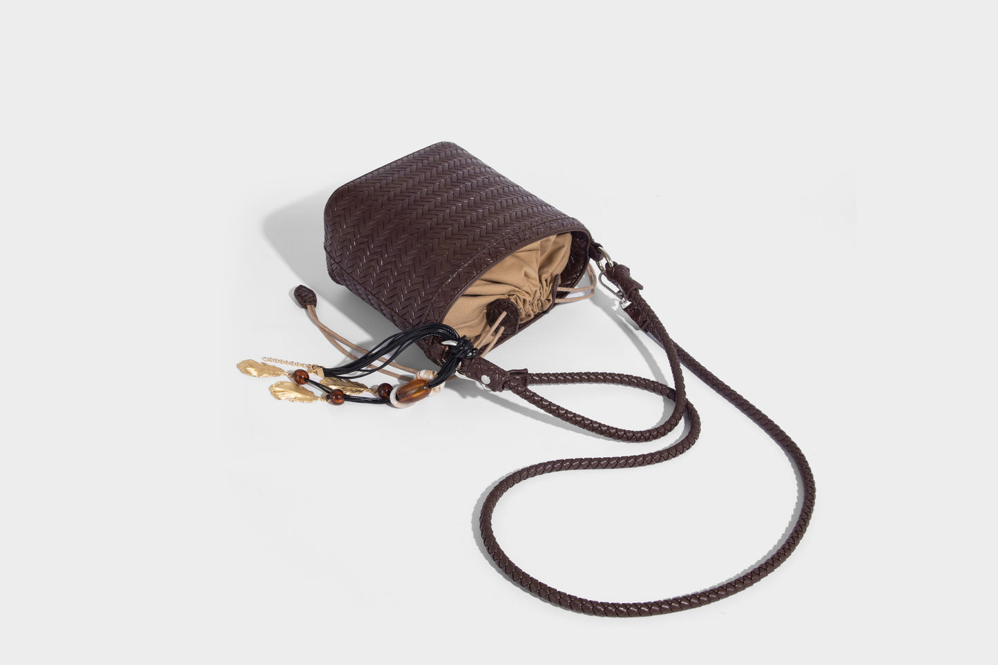 Red color women fashion bucket bag with removable long strap