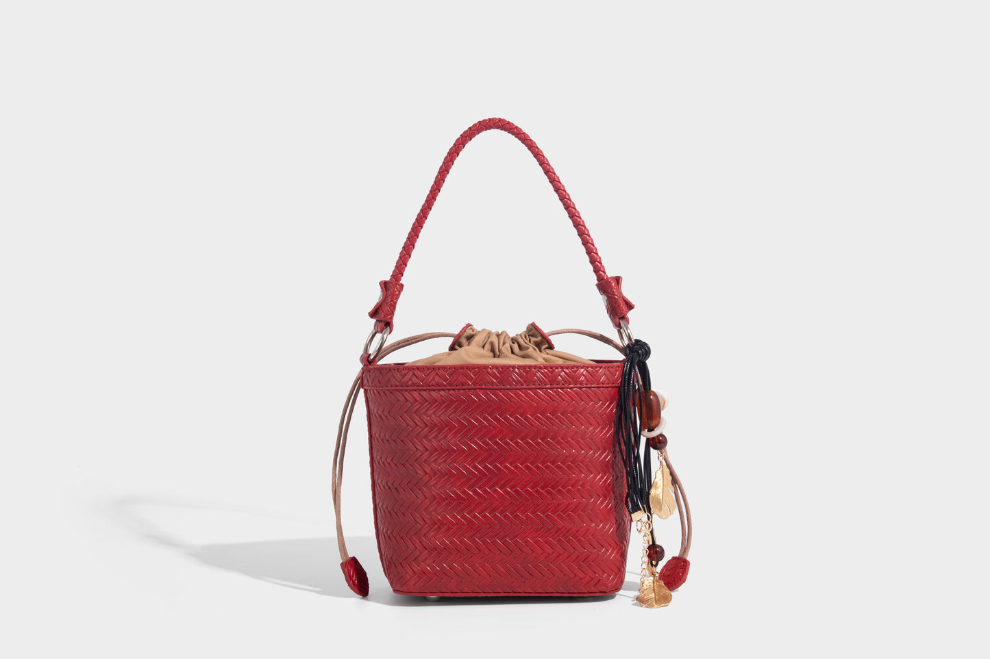 Red color women fashion bucket bag with removable long strap