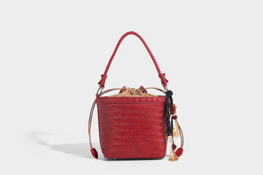Red color women fashion bucket bag with removable long strap