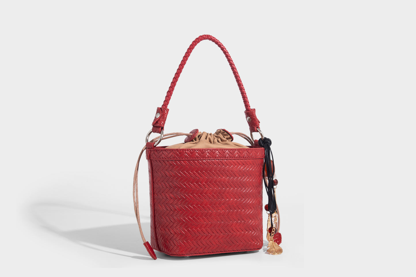 Red color women fashion bucket bag with removable long strap