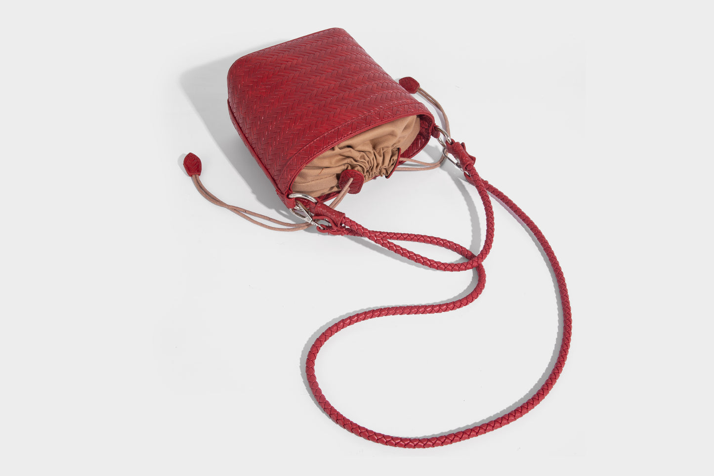 Red color women fashion bucket bag with removable long strap