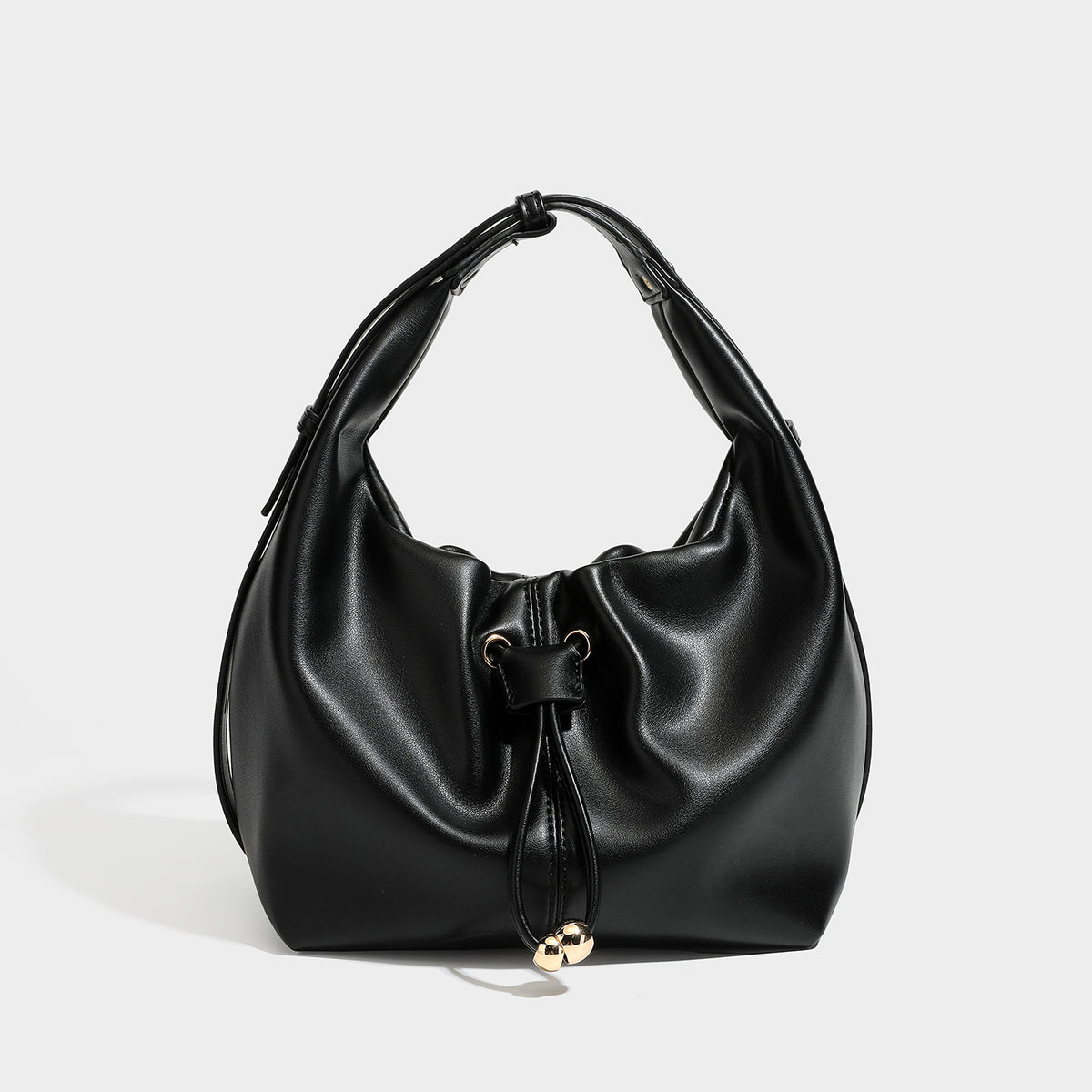 Black Drawstring Ruched Hobo Bag