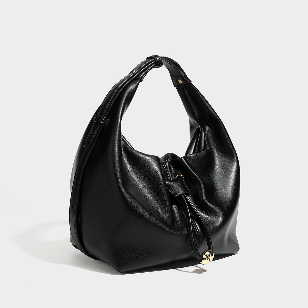 Black Drawstring Ruched Hobo Bag