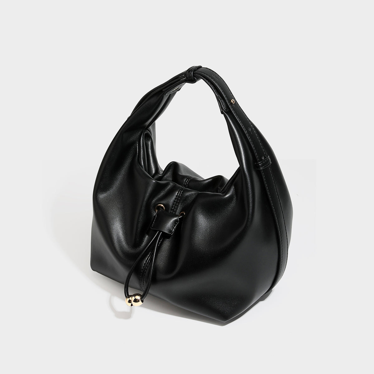 Black Drawstring Ruched Hobo Bag