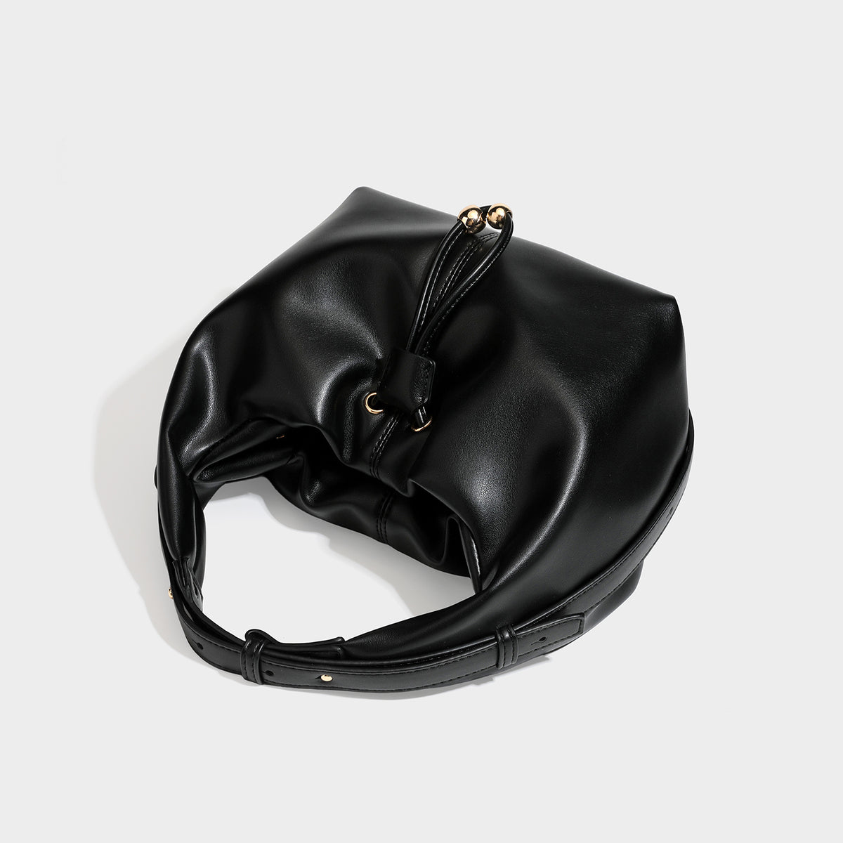 Black Drawstring Ruched Hobo Bag