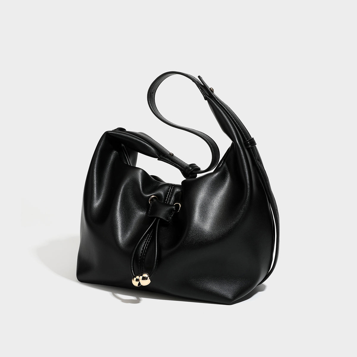 Black Drawstring Ruched Hobo Bag