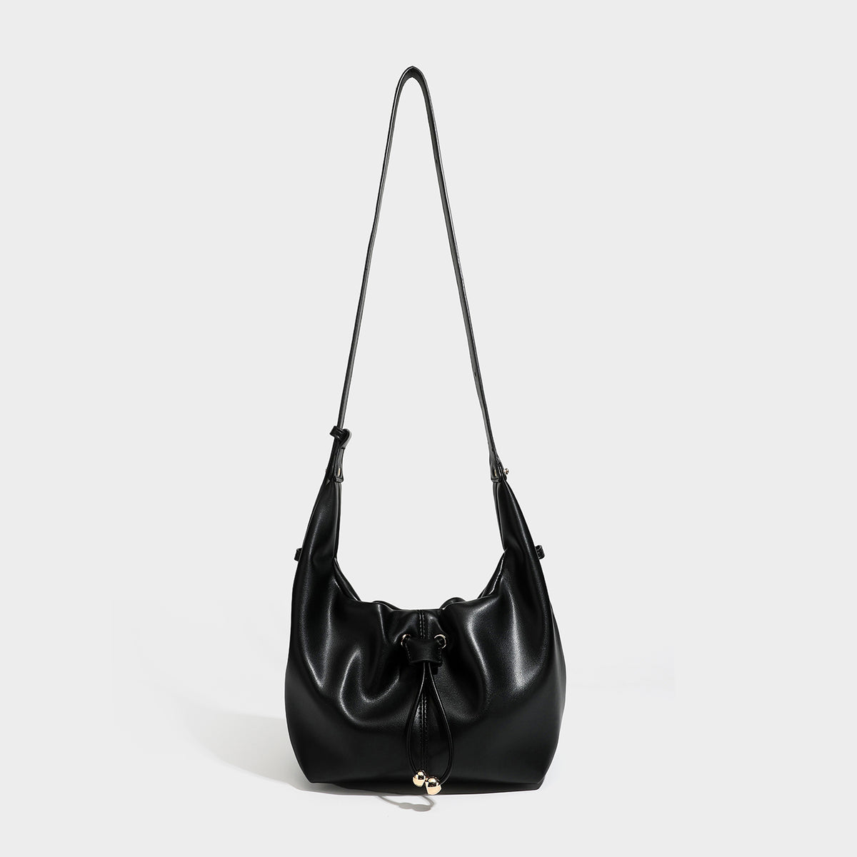 Black Drawstring Ruched Hobo Bag