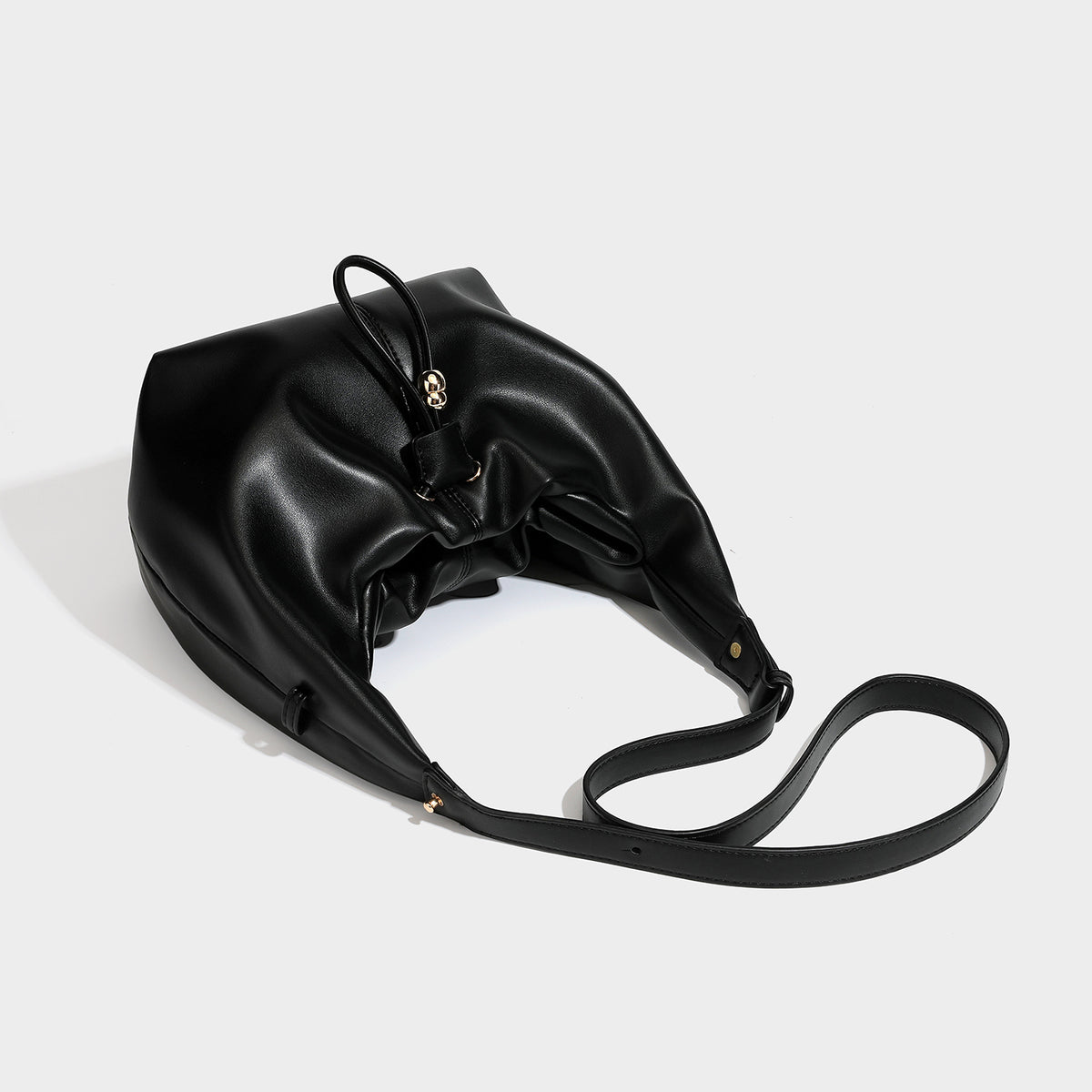 Black Drawstring Ruched Hobo Bag