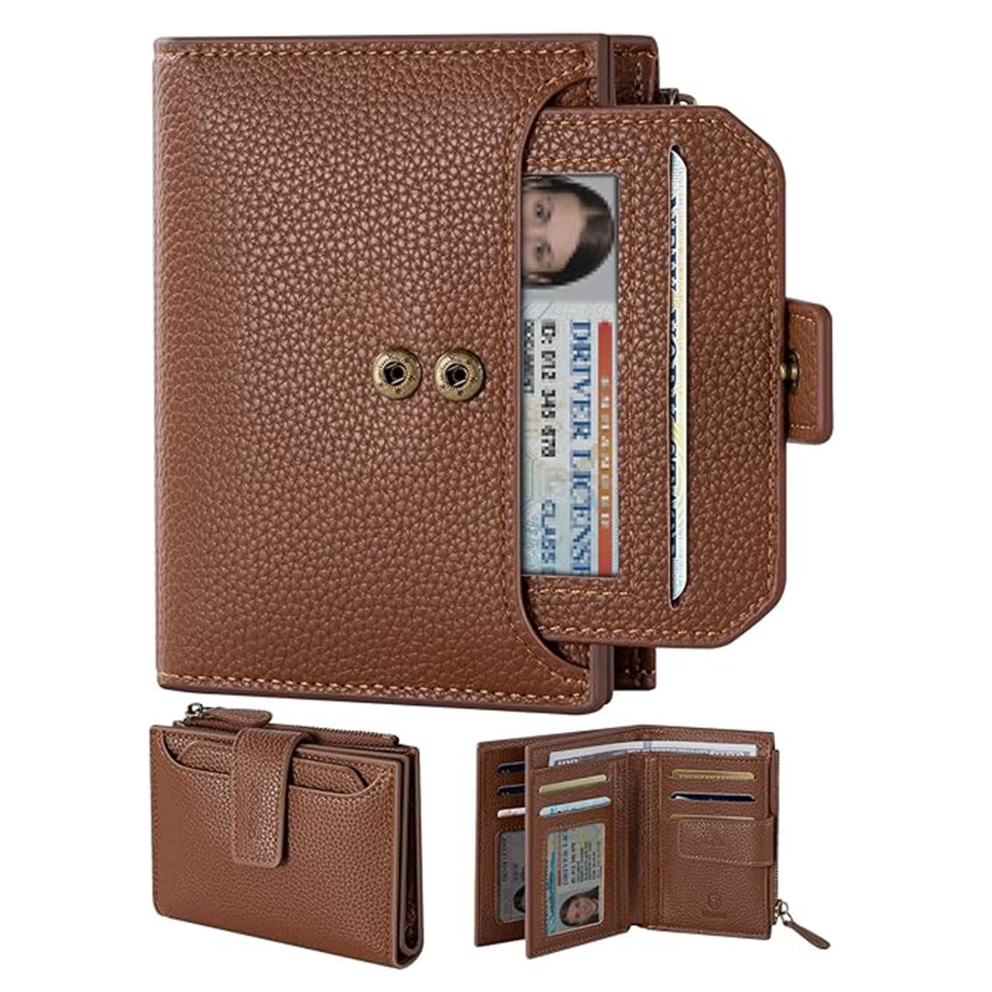 Retro multi-functional leather wallet， RFID anti-theft foldable card holder with zipper and clasp women's wallet